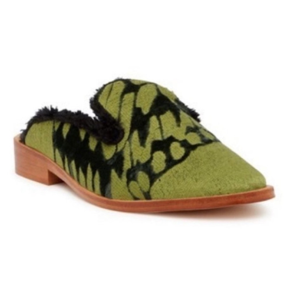 Free People Butterfly Effect Faux Fur Mule Size 37 Green Slip On Flat Loafer New